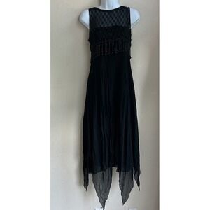 Vintage Famory 90s Y2K Silk Beaded Maxi Dress 10 Fairy Goth Asymmetrical Black